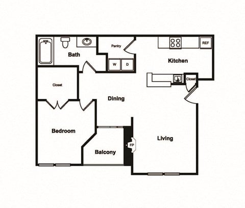 Floor plan for 1 bed, 1 bath, 754 sqft
